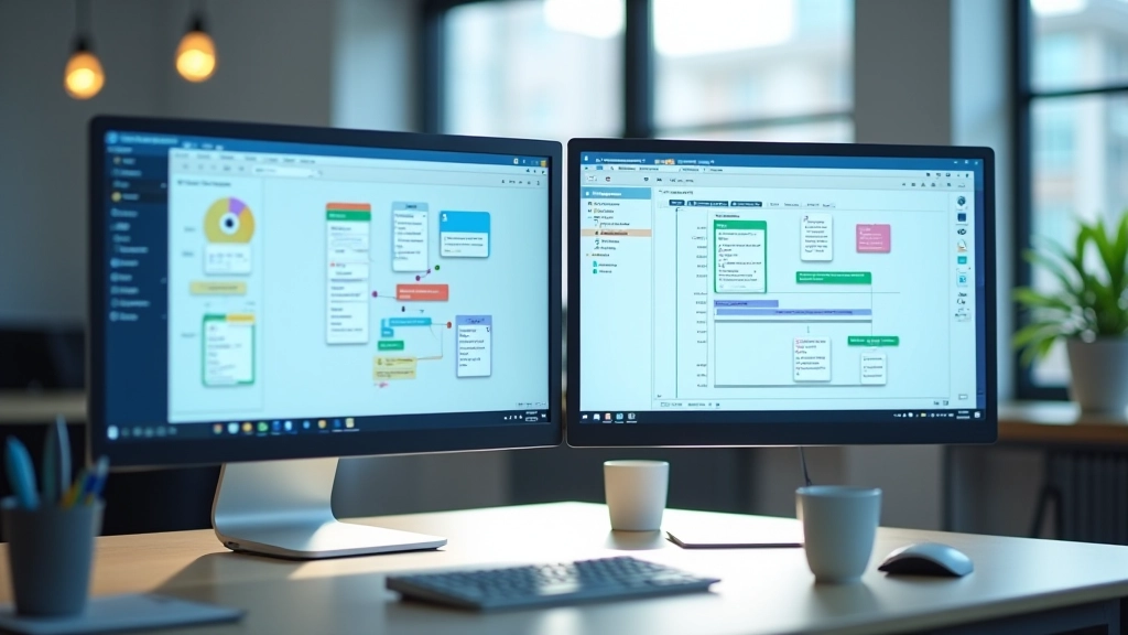 Desktop monitor showing workflow builder interface with colored blocks connected by lines, representing automation steps and app connections
