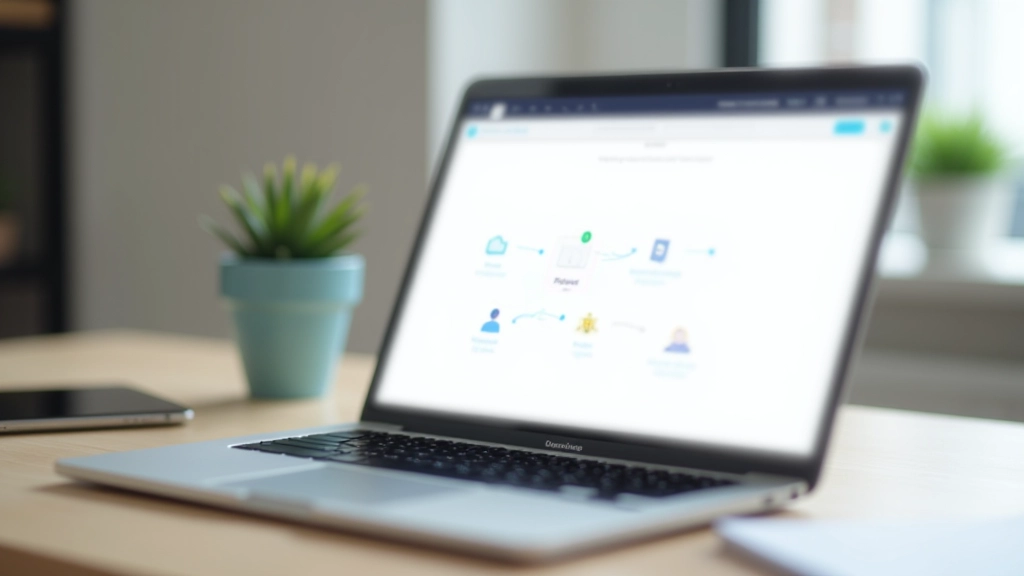 Laptop displaying workflow automation interface with app connection diagrams, colorful icons representing Zapier and IFTTT integrations, modern workspace setting