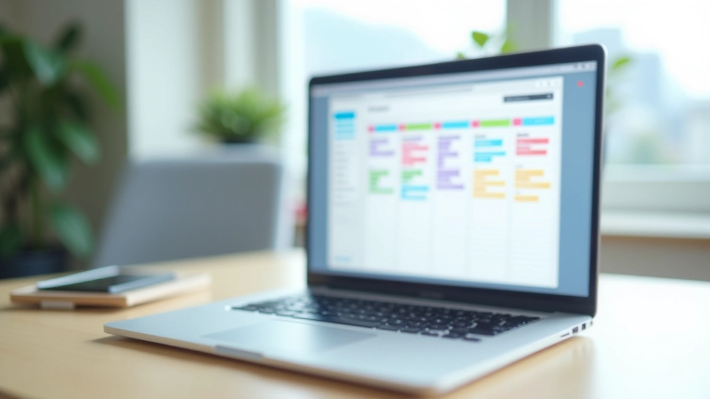 Laptop showing task management dashboard with organized lists and priorities color-coded for easy scanning