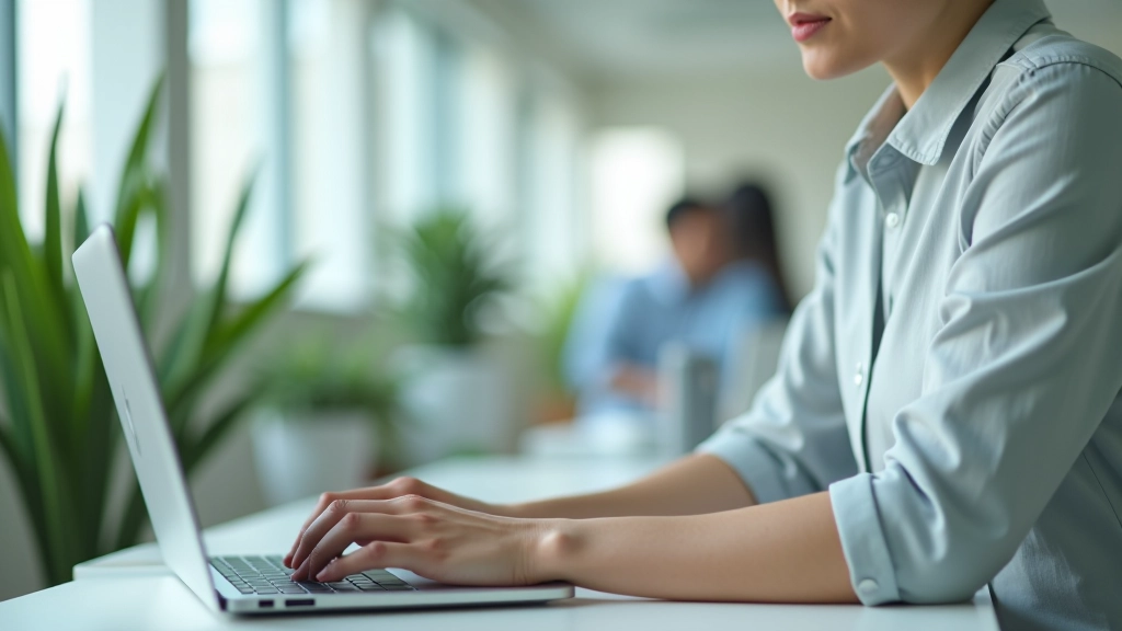 Person sitting at desk using keyboard and mouse, multiple app windows visible on screen, collaborative workspace with notebooks and pen, afternoon sunlight