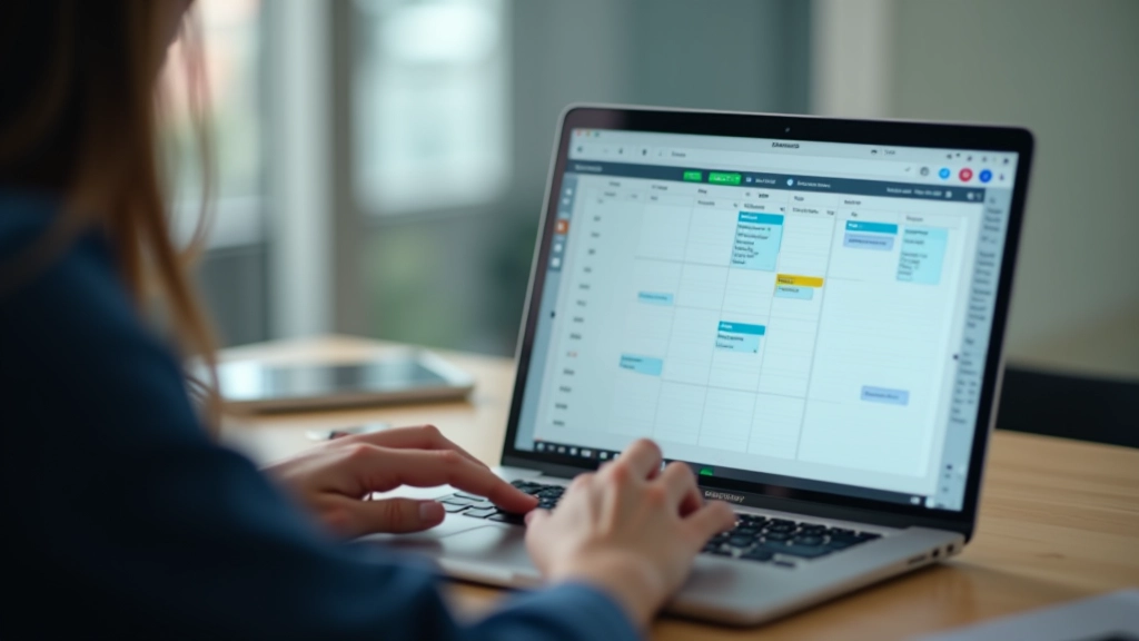 Person using digital calendar and time blocking on laptop screen in modern workspace
