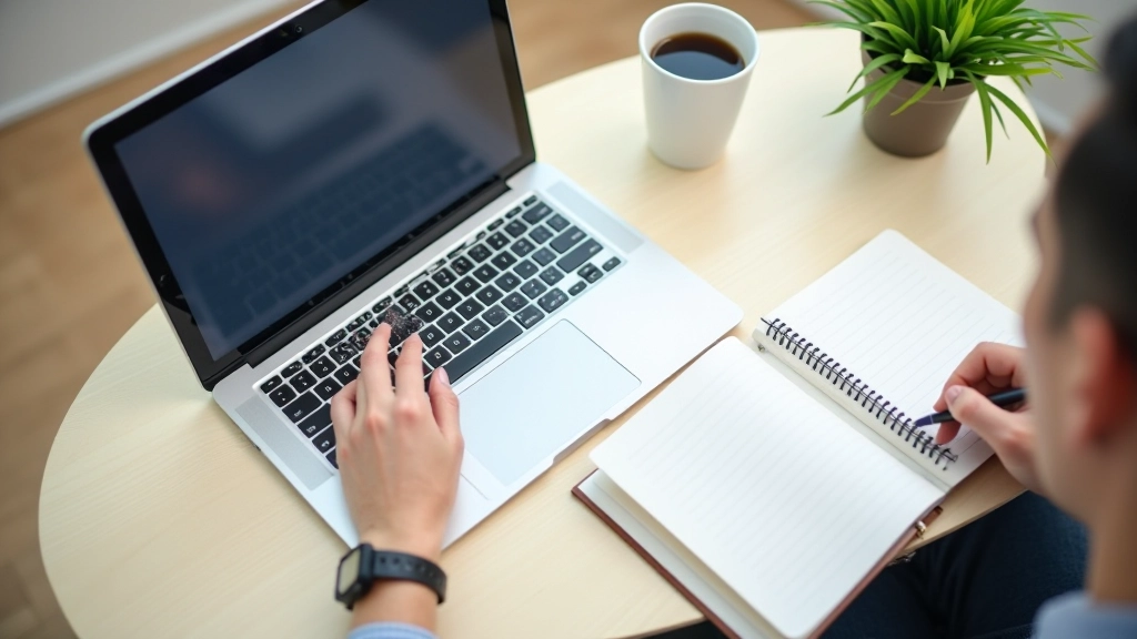 Person working at desk with laptop and planner notebook