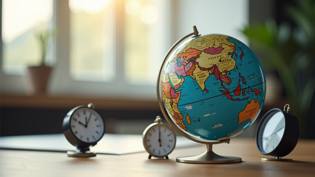 World map showing different time zones highlighted with clock icons indicating meeting overlap times for Hong Kong-based team